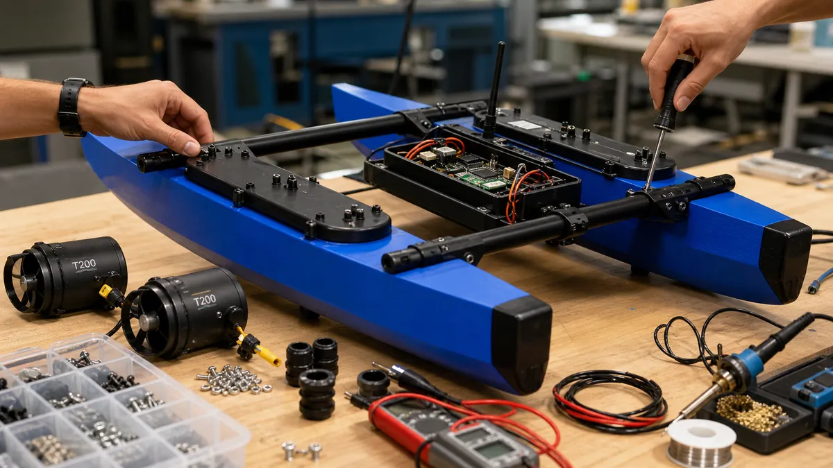 BlueBoat assembly on workbench — T200 thrusters, open electronics enclosure, PCB wiring, cable glands, and soldering tools