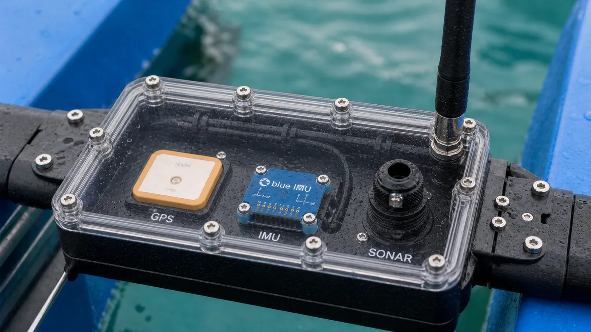 BlueBoat electronics enclosure showing GPS patch antenna, Blue Robotics IMU module, and sonar port — deployed on water