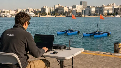 Engineer at field station with MOOS-IvP, BlueBoat USVs in background
