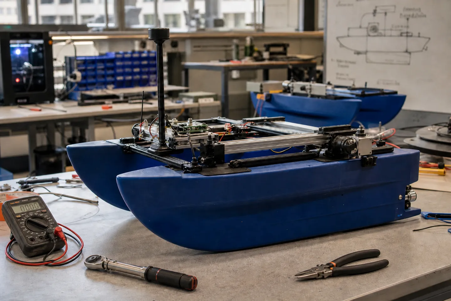 University lab workbench with partially-assembled autonomous surface vessel components