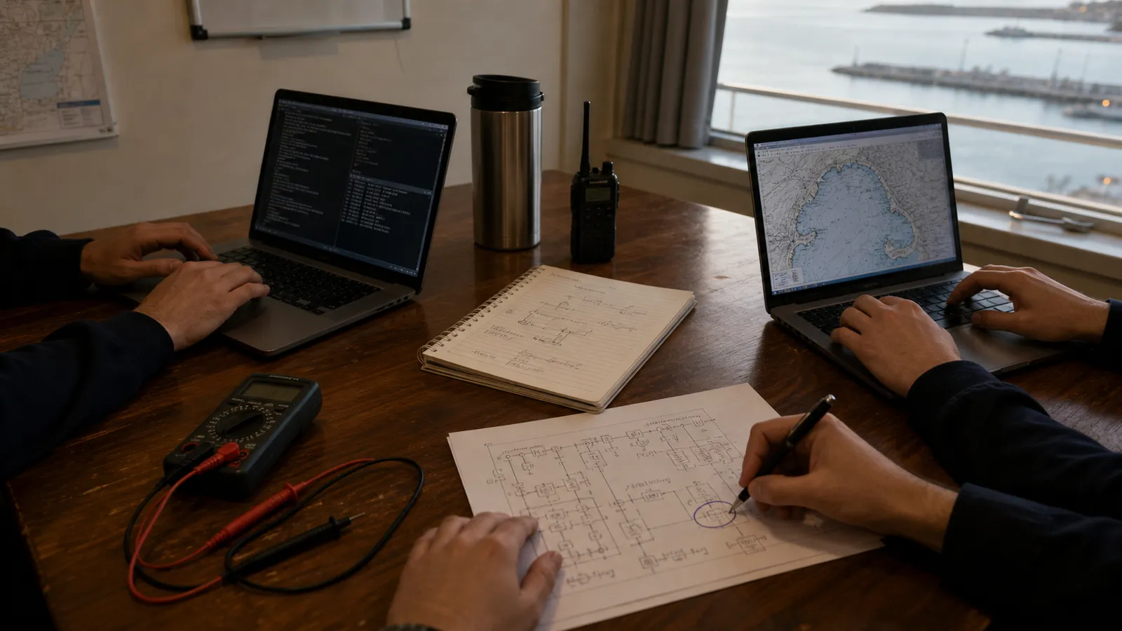 Engineering team at work — laptops and printed diagrams in a harbour-adjacent briefing room