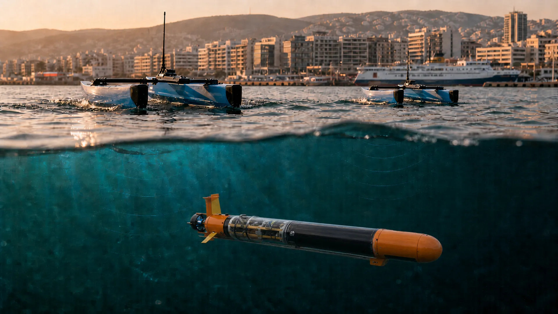 Autonomous surface vessel on Mediterranean waters, Hellenic Naval Academy in background